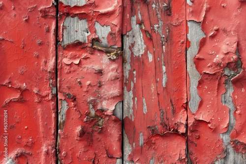 Weathered wooden planks show signs of decay. Red paint peels off revealing raw wood underneath. Vertical planks with rot and decay. Close-up view from slightly elevated angle.