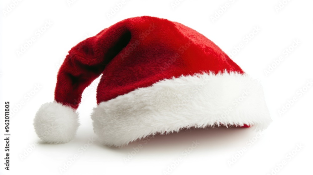 Traditional Santa hat resting neatly on a clean white background, showcasing the classic holiday symbol. Traditional Santa hat resting neatly on a clean white background, showcasing the classic holiday symbol.