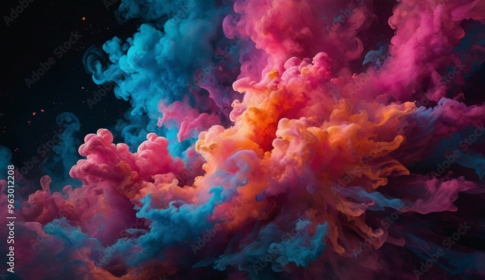 Vibrant clouds of colorful smoke in pink, blue, orange, and purple swirl and mix together against a dark background, creating a dynamic and dreamlike effect. Vibrant clouds of colorful smoke in pink, blue, orange, and purple swirl and mix together against a dark background, creating a dynamic and dreamlike effect.