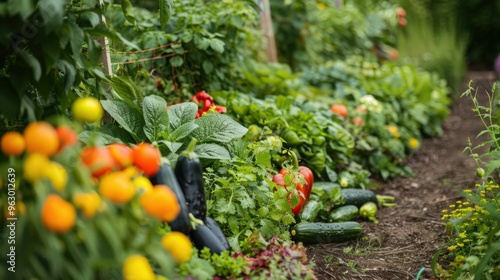 A picturesque vegetable garden with a variety of leafy greens, colorful peppers, and fresh cucumbers, set against the backdrop of a quaint garden path