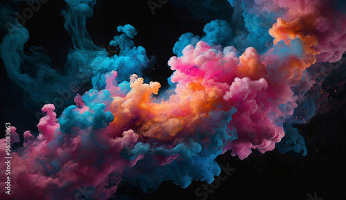 Vibrant clouds of colorful smoke in pink, blue, orange, and purple swirl and mix together against a dark background, creating a dynamic and dreamlike effect.