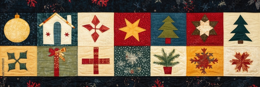 Flat lay of a Christmas quilt pattern, with each square featuring a different festive motif Flat lay of a Christmas quilt pattern, with each square featuring a different festive motif