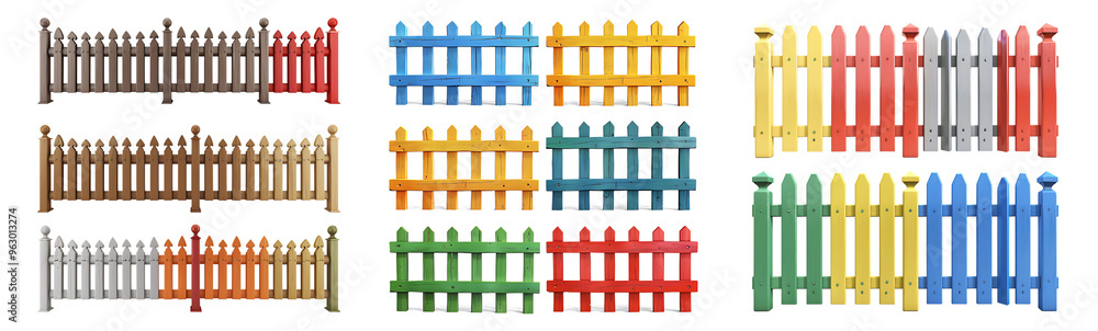 Set of variety of fences in different colors pack are displayed Set of variety of fences in different colors pack are displayed