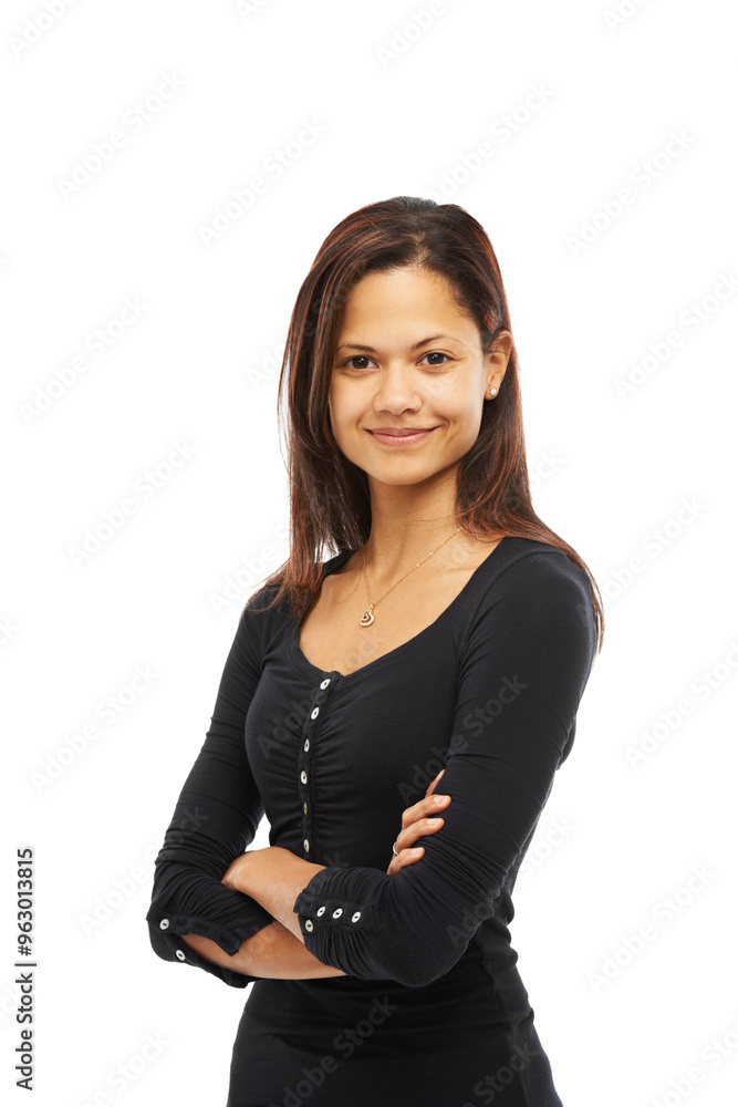 Portrait, arms crossed and happy business woman in studio isolated on white background. Face, creative and confident entrepreneur, expert or ghostwriter with career pride or opportunity in Argentina Portrait, arms crossed and happy business woman in studio isolated on white background. Face, creative and confident entrepreneur, expert or ghostwriter with career pride or opportunity in Argentina
