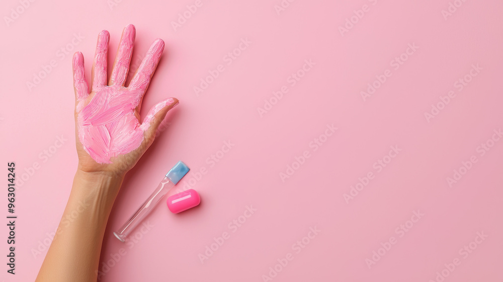 Breast cancer awareness symbol painted on a hand, raised in support of the cause, therapy tools in the background Breast cancer awareness symbol painted on a hand, raised in support of the cause, therapy tools in the background