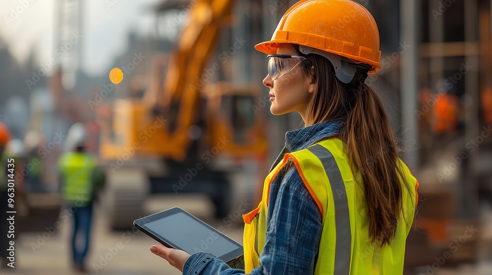 Female construction worker in hard hat and safety vest looking off to the side while holding a tablet. Female construction worker in hard hat and safety vest looking off to the side while holding a tablet.