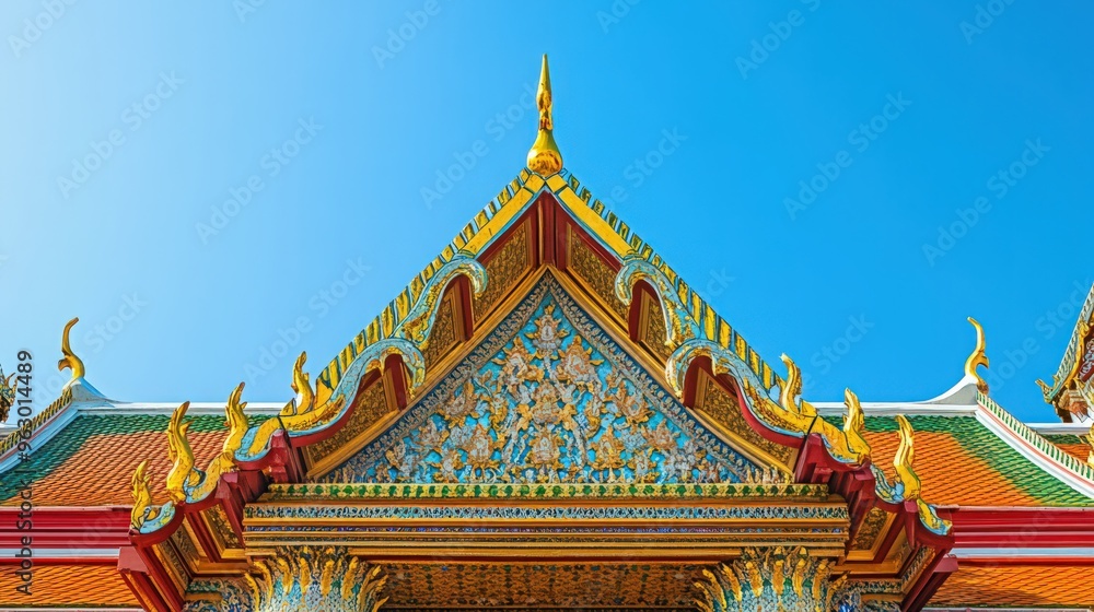ornate roof with intricate tile work and golden accents, standing out against a clear blue sky ornate roof with intricate tile work and golden accents, standing out against a clear blue sky
