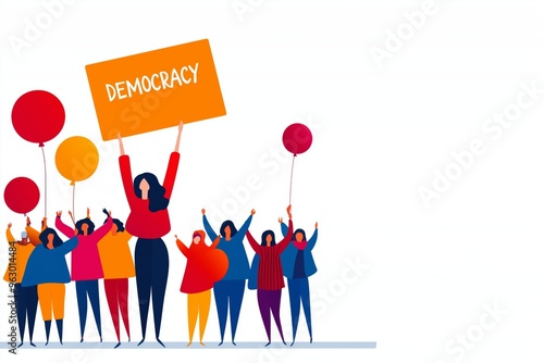 Illustration of vibrant people holding balloons and 'DEMOCRACY' sign symbolizing public support and freedom. Social engagement concept