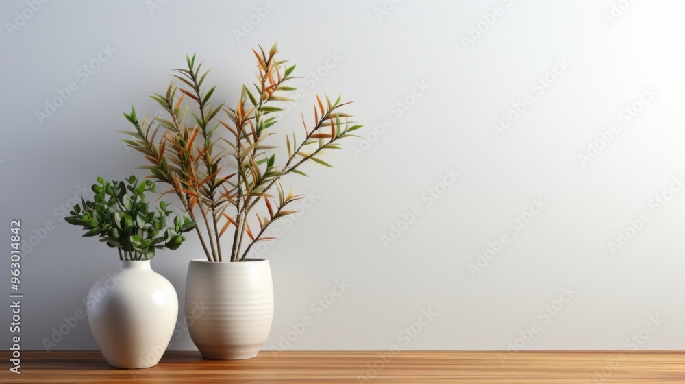 Vase with plant on wooden table and white wall Vase with plant on wooden table and white wall