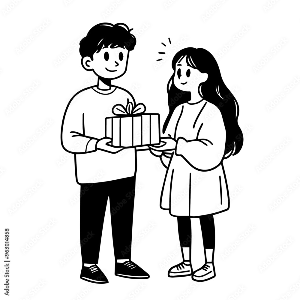 Q version a photo of an asian man in blue and white shirt holding up his hand wrapped birthday present from the left side, he is standing next to her female Weeite on right with long dark hair wearing Q version a photo of an asian man in blue and white shirt holding up his hand wrapped birthday present from the left side, he is standing next to her female Weeite on right with long dark hair wearing