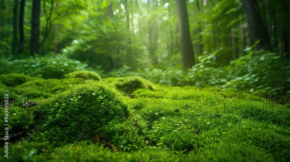 Fototapeta premium Natural mossy forest background for eco-friendly products.