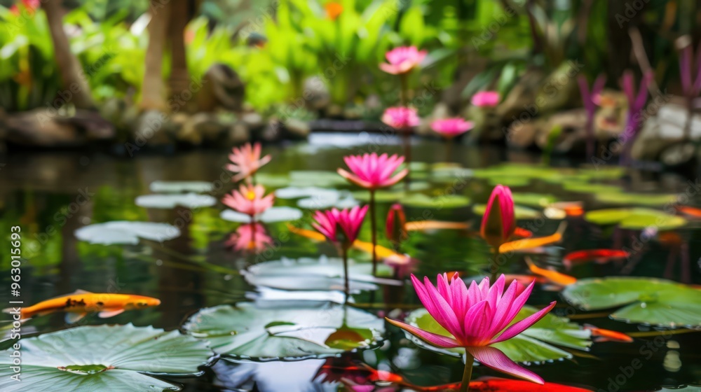 A vibrant pond with blooming water lilies and colorful fish, nestled within a lush garden setting and providing a lively and picturesque natural environment. A vibrant pond with blooming water lilies and colorful fish, nestled within a lush garden setting and providing a lively and picturesque natural environment.