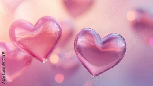 Abstract heart shapes floating over a soft pink gradient, creating a dreamy and romantic atmosphere.