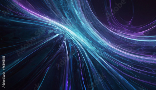 Abstract waves of light in shades of blue and purple flow gracefully across a dark background, creating a sense of motion and ethereal beauty.