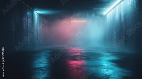 A dark and moody concrete tunnel illuminated by a blue and pink neon light with fog and a wet floor.