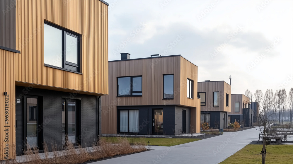 Urban Living: Row of Modern Bright Wooden Houses with Stylish Facades, Showcasing Contemporary Residential Architecture. photo