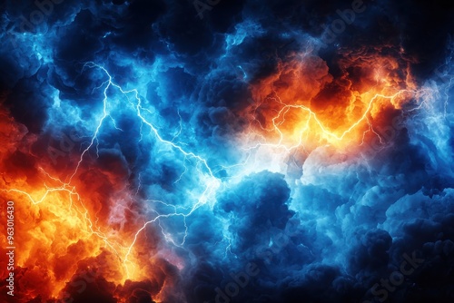 Dramatic fiery and icy storm clouds with lightning, natural meteorological phenomenon