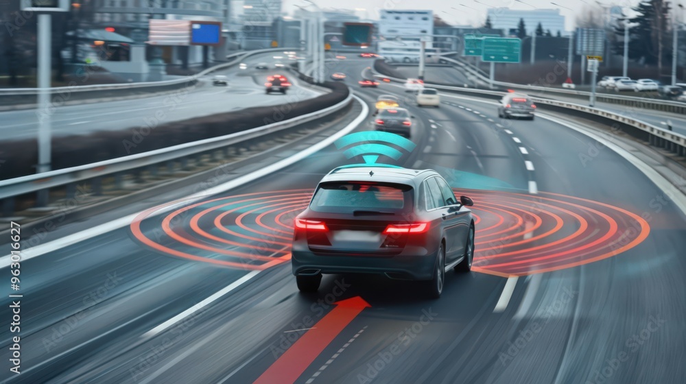 A visual of a vehicle-to-vehicle communication system in action, illustrating the advanced technology aimed at enhancing road safety A visual of a vehicle-to-vehicle communication system in action, illustrating the advanced technology aimed at enhancing road safety