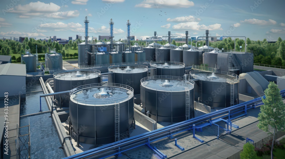 A visual of a water purification plant with large tanks and filtration systems ensuring the production of safe drinking water. A visual of a water purification plant with large tanks and filtration systems ensuring the production of safe drinking water.