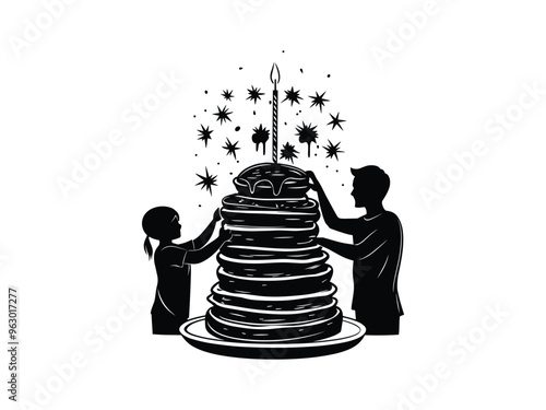 Family Silhouette Celebrating Pancake Day with Large Stack of Pancakes | Holiday Breakfast Illustration.