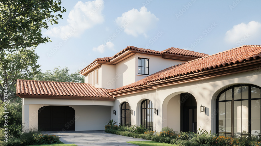 Elegant Roofing: Perspective View of Luxury Home Roof Tiles, Showcasing the Exterior of a Contemporary Residential Villa. photo Elegant Roofing: Perspective View of Luxury Home Roof Tiles, Showcasing the Exterior of a Contemporary Residential Villa. photo