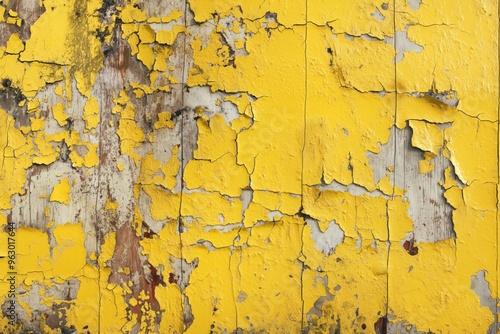 Old yellow weathered paint wall with peeling paint chips revealing wooden boards. Aged surface with random pattern of chipped paint, close-up view showing worn-out texture. photo