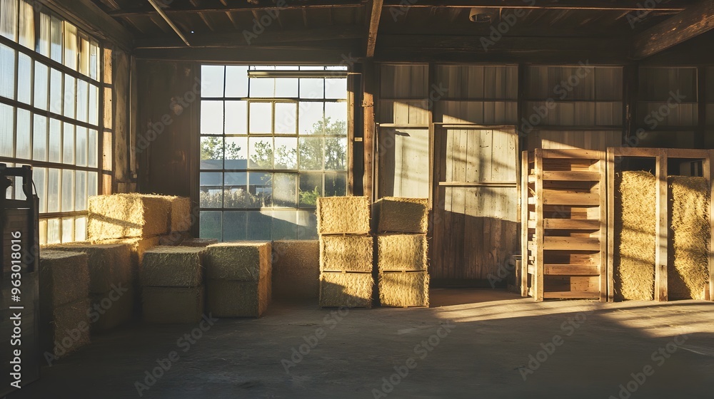 Afternoon sunlight, streaming through high windows, casting shadows on stacks of hay bales, rustic wooden crates, old farm equipment on display, earthy tones, creating a warm, inviting atmosphere Afternoon sunlight, streaming through high windows, casting shadows on stacks of hay bales, rustic wooden crates, old farm equipment on display, earthy tones, creating a warm, inviting atmosphere