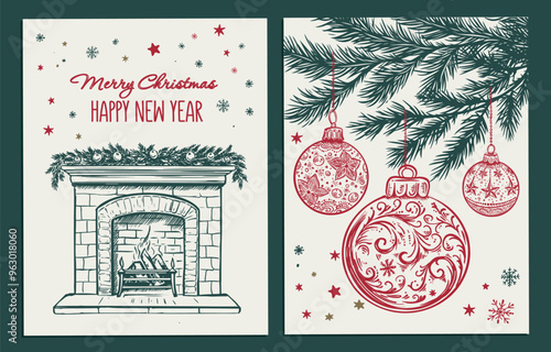 Christmas set with ball and fireplace in sketch style. Hand drawn illustration.	
