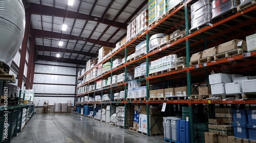 A warehouse with large, high-rise shelving systems storing bulk goods, showcasing the vertical storage solutions for maximizing space