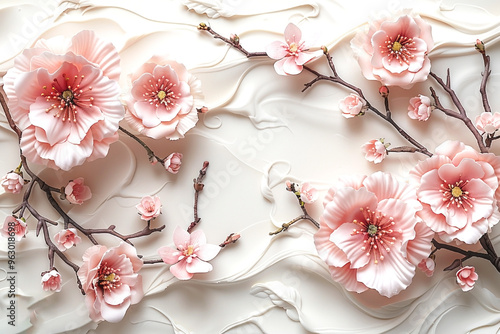 Delicate pink cherry blossoms on branches with a textured cream-colored background photo