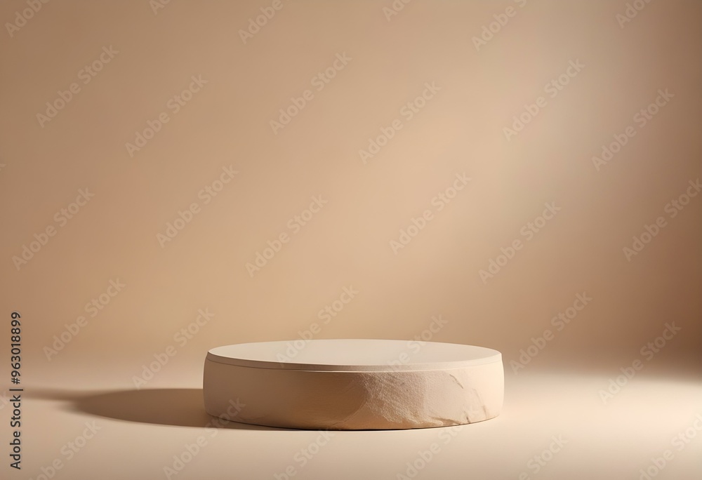 A white pedestal with a large green monstera leaf, against a plain white background with wooden poles A white pedestal with a large green monstera leaf, against a plain white background with wooden poles