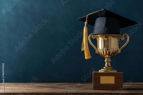 Elegant golden trophy cup with black graduation cap and diploma on wooden table, school achievement concept background with copy space for text