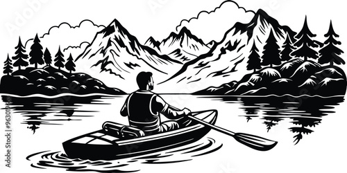 Mountain Lake Kayaking - Silhouette of Man Rafting, Vector illustration on white background.