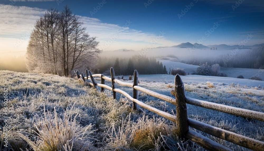 Frosty landscape with old fence Frosty landscape with old fence