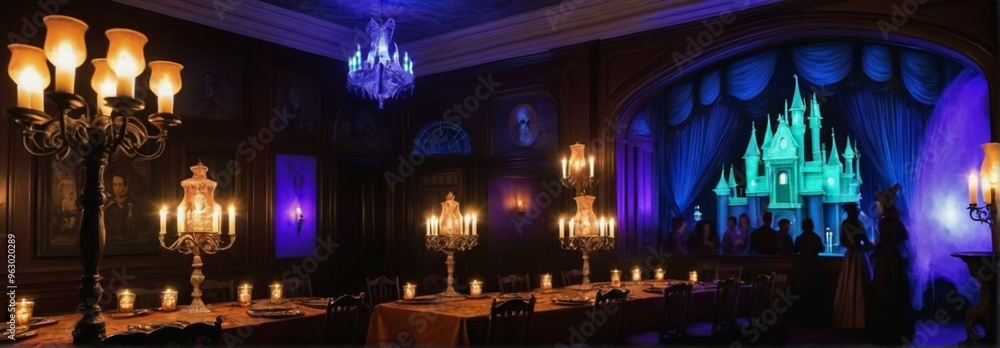 Enchanted Dining Room with Castle View and Candelabras Enchanted Dining Room with Castle View and Candelabras