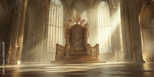 Golden throne in a grand hall with sunbeams. photo