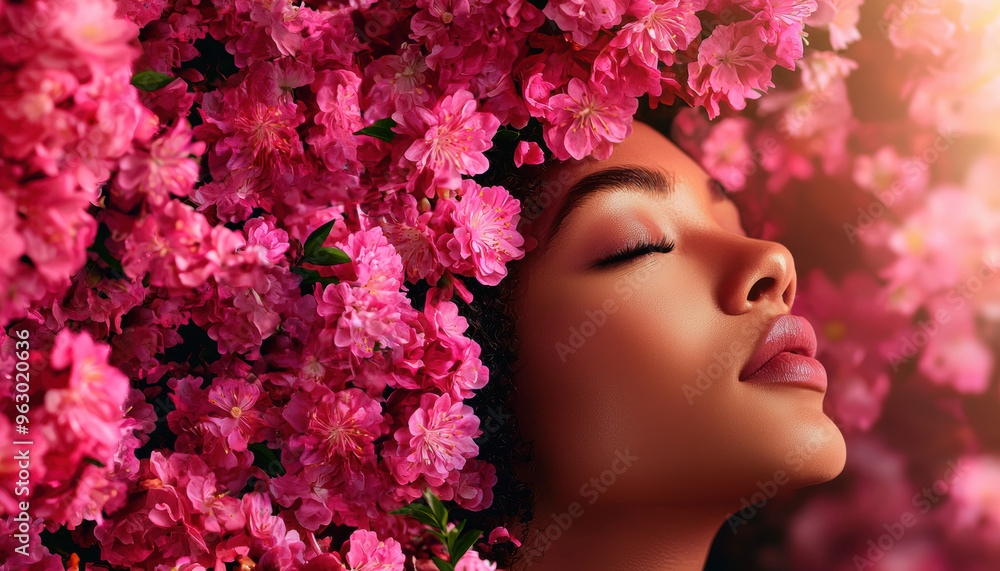 Abstract digital art of a woman surrounded by pink flowers, representing breast cancer healing and hope Abstract digital art of a woman surrounded by pink flowers, representing breast cancer healing and hope