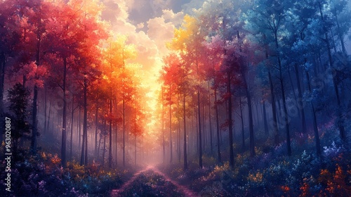 A vibrant forest path illuminated by colorful foliage and mist.