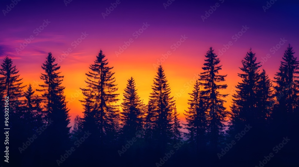 Obraz premium National forest at twilight with a rich, purple and orange sky, silhouettes of trees against the colorful backdrop, soft light creating long shadows and a calm, contemplative mood