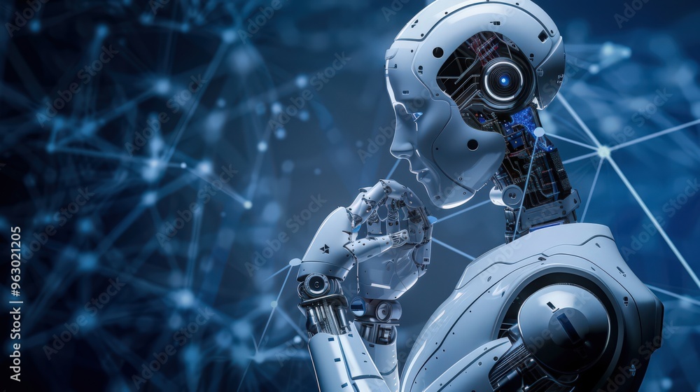 Artistic representation of a robot's machine learning algorithms, showing how it processes data to improve performance and decision-making Artistic representation of a robot's machine learning algorithms, showing how it processes data to improve performance and decision-making