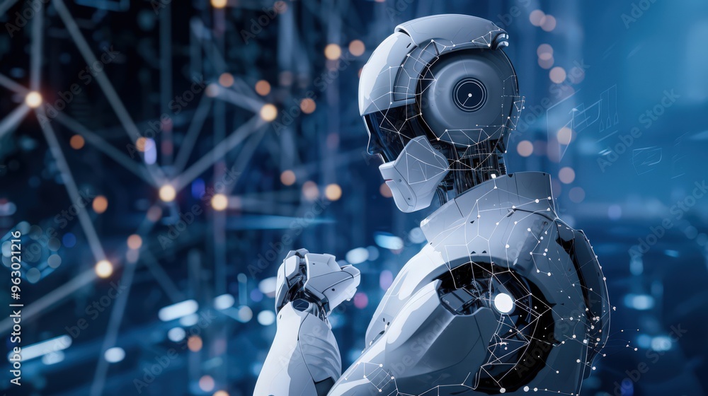 Artistic representation of a robot's machine learning algorithms, showing how it processes data to improve performance and decision-making Artistic representation of a robot's machine learning algorithms, showing how it processes data to improve performance and decision-making