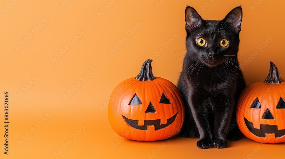 Black cat with jack o' lantern on an orange background Black cat with jack o' lantern on an orange background