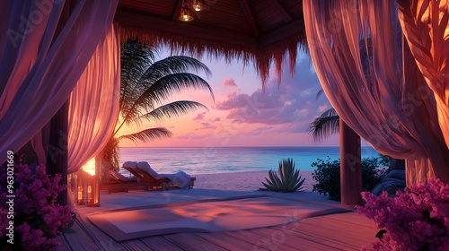 Graphic Tropical Paradise, a stylized beachside cabana with flowing curtains and a view of the ocean, warm sandy tones with bright blue accents, soft, warm lighting with gentle breezes depicted, photo