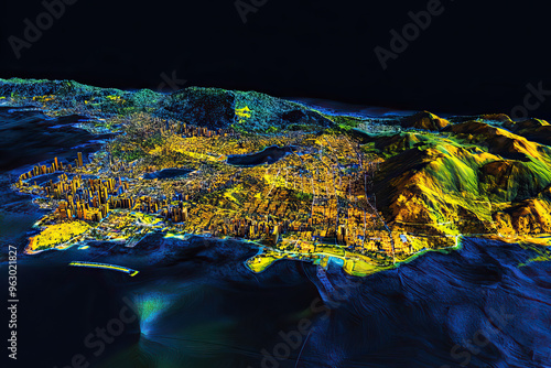 Technical aerial visual, 3D LiDAR GIS aerial map satellite scan model isolated, showing Florianpolis, Brazil . Elevation, topography, render photo