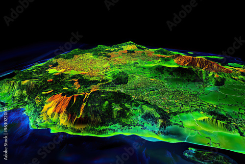 Technical aerial visual, 3D LiDAR GIS aerial map satellite scan model isolated, showing Florianpolis, Brazil . Elevation, topography, render photo