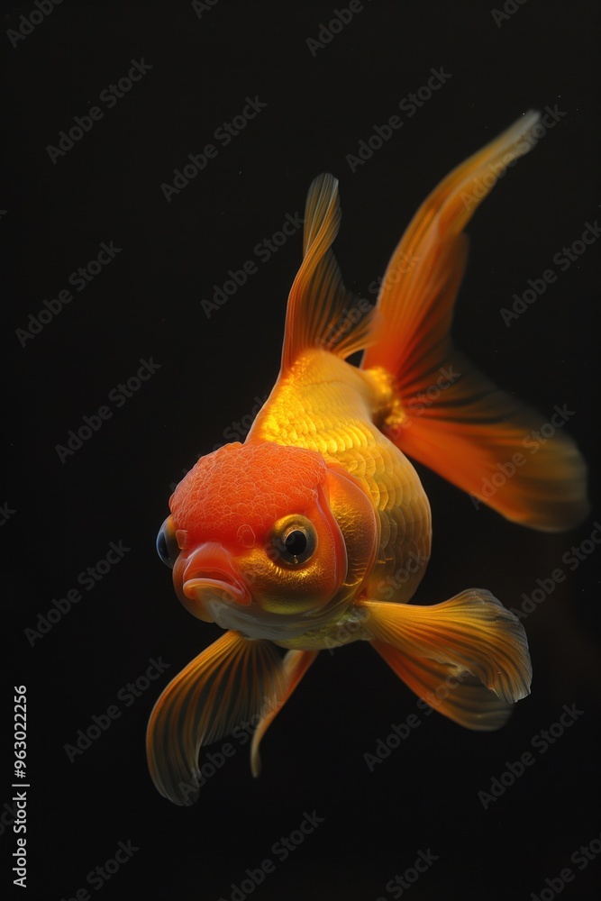 Goldfish swims in black aquarium with vibrant orange body. Close-up shot of Oranda goldfish with white belly, fins spread out. Perfect for aquatic theme, eco-friendly design, tech gadgets, home decor. Goldfish swims in black aquarium with vibrant orange body. Close-up shot of Oranda goldfish with white belly, fins spread out. Perfect for aquatic theme, eco-friendly design, tech gadgets, home decor.