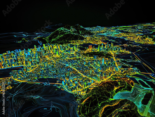 Technical aerial visual, 3D LiDAR GIS aerial map satellite scan model isolated, showing Florianpolis, Brazil . Elevation, topography, render photo