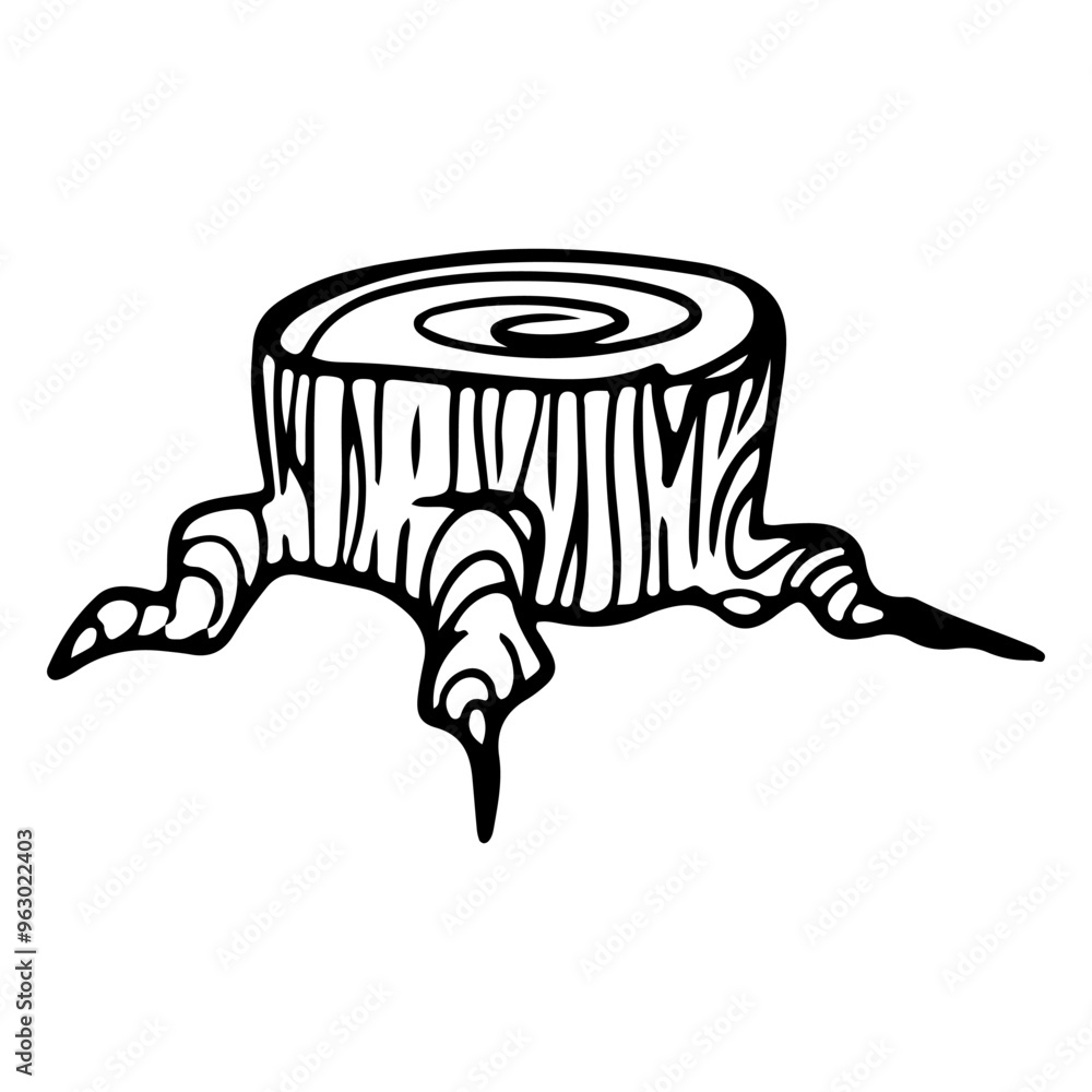 Doodle line stump. Forest. Stroke art. Black and white. Part of a tree. Coloring book Doodle line stump. Forest. Stroke art. Black and white. Part of a tree. Coloring book