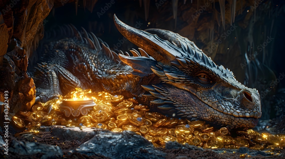 Sleeping Dragon Atop a Glittering Treasure Hoard in a Dimly Lit Cave Sleeping Dragon Atop a Glittering Treasure Hoard in a Dimly Lit Cave