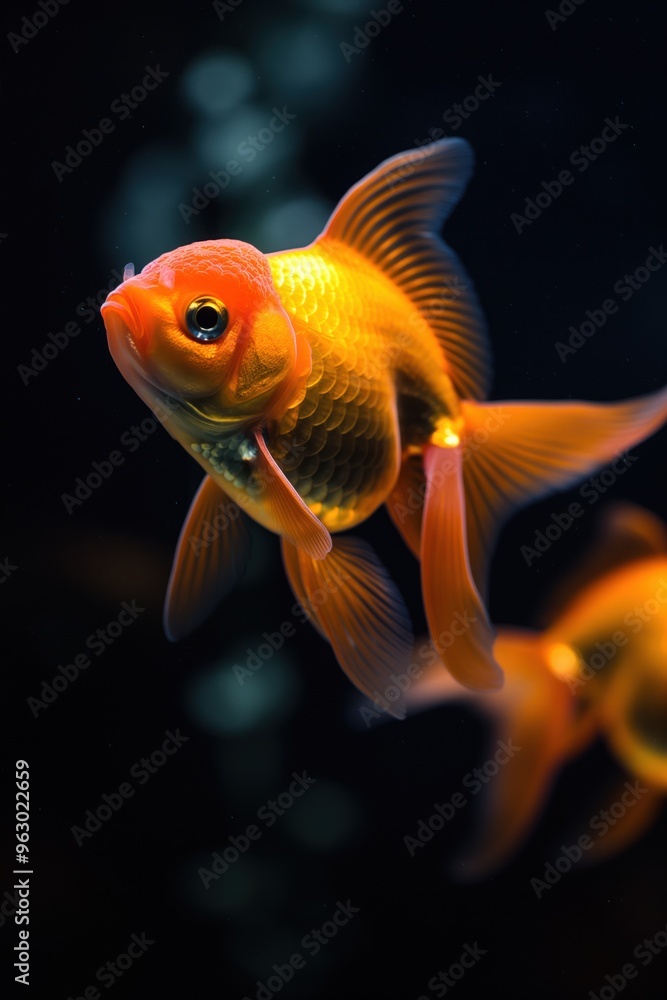 Goldfish swims in aquarium tank with black background. Close-up shot of Oranda goldfish with vibrant orange color and spread fins. Perfect for pet lovers, aquatic enthusiasts, or eco-friendly designs. Goldfish swims in aquarium tank with black background. Close-up shot of Oranda goldfish with vibrant orange color and spread fins. Perfect for pet lovers, aquatic enthusiasts, or eco-friendly designs.